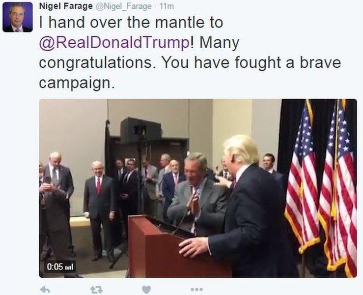 Nigel Farage tweets congratulations