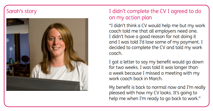 "Sarah's story" from DWP leaflet