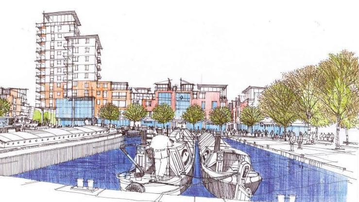 Artists impression of the Gas House basin/marina showing narrow boats and a paved area with trees and buildings in the background