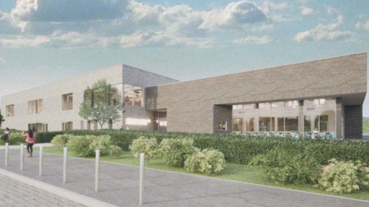 An artist's impression of what a new leisure centre in Leighton Buzzard could look like, with bushes and planting outside 