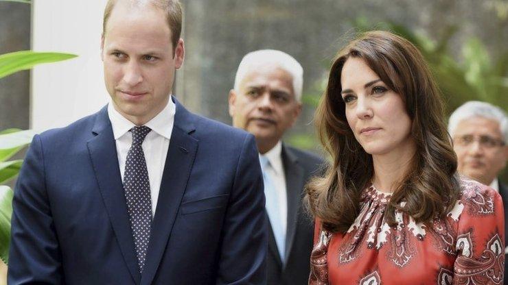 The Duke and Duchess of Cambridge, Prince William, and his wife, the former Kate Middleton stand after laying a wreath on the martyrs memorial at the Taj Mahal Palace Hotel in Mumbai, India