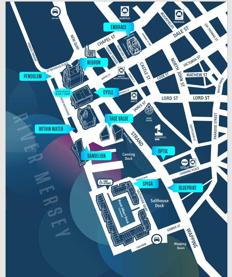 Map of Liverpool with city centre streets highlights in white. Light blue markings highlight the name of each installation 