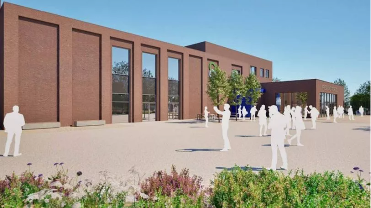 Computer generated view from ground level of the new school with white silhouetted figures outside
