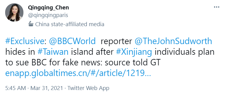 A tweet from a reporter at China's Global Times