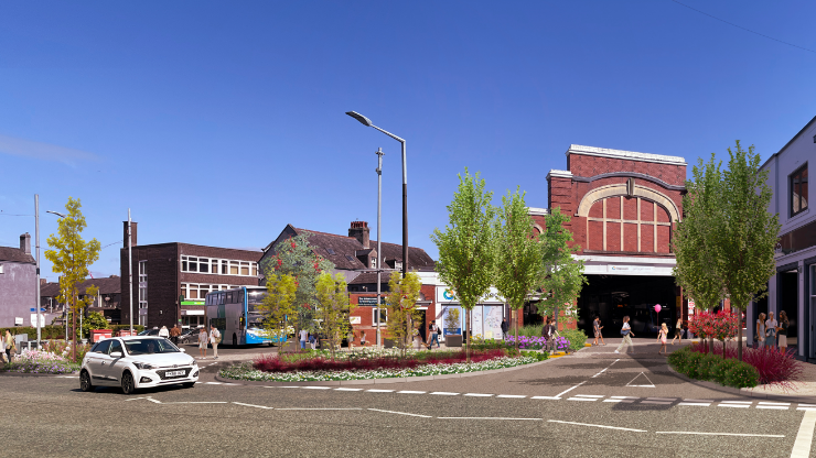 An artist's impression of Workington public realm improvements. A roundabout has dotted with flowers and trees. 