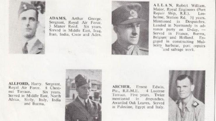 Pages from the book show the black and white pictures of four men who served. All are in uniform and the entries include their full names and addresses and a summary of what they did during the war.