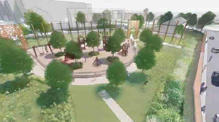 Artist's impression of heritage park, showing a central area with play structures, paths and trees