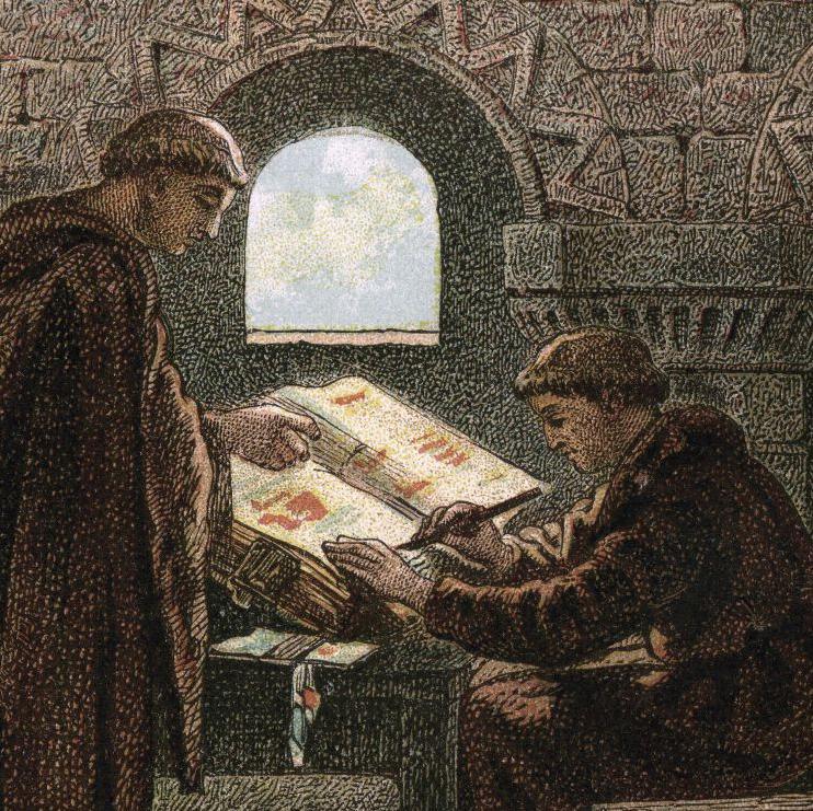 A drawn image of copyist monks writing the manuscript of the Domesday Book by candlelight