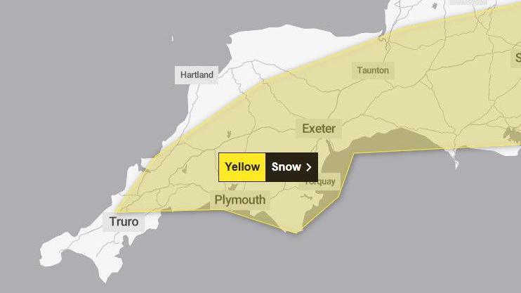 Screengrab shows Met Office weather warning area for snow. A yellow warning area shows which part of Somerset, Devon and Cornwall will be impacted by the warning. Exeter, Torquay and Plymouth are some of the areas which will be affected.