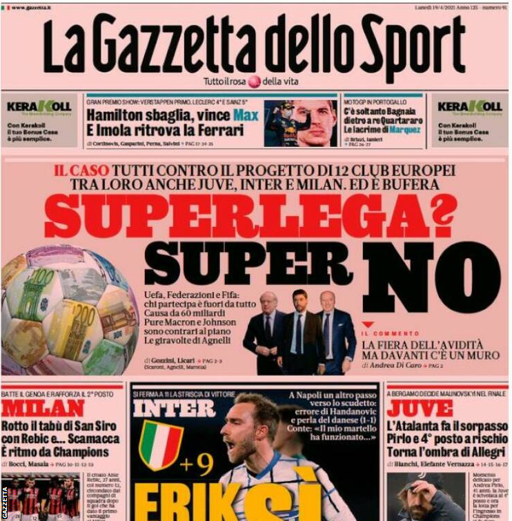 Gazzetta dello Sport's headline needs little translation: Superliga? Super No