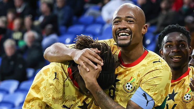 Ghana captain Jordan Ayew celebrates scoring a goal