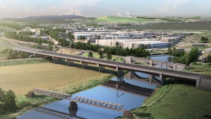 Artist's impression of the new viaduct stretching across the river, with industrial buildings and hills in the background