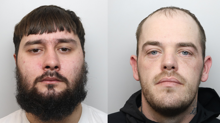 Williams with short dark hair and medium beard. He is wearing a white T-shirt in a police custody photo. Maciness has very short dark hair and slight beard, and s wearing a black hoodie in a custody photo. Both are looking at the camera.