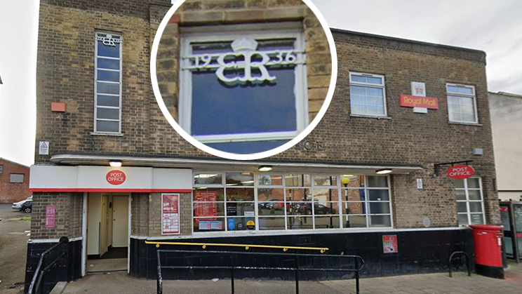The Post Office branch on Chester-le-Street's Front Street. The building is in Art Deco-style made of brown brick and has a modern Post Office signage outside in red and white. The cypher, which is white, is on a window. It has a crown above it and reads 19 ER 36 with the Roman numerals VIII under it. It has also been put into a separate circle in the picture to show it more clearly.