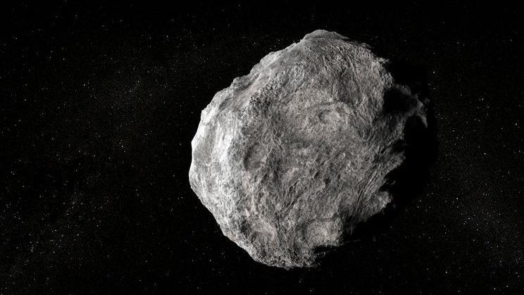 A computer illustration of an asteroid in space.
