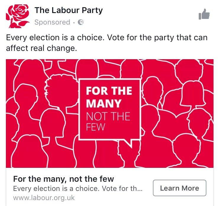 Labour Facebook advert. Picture reads: "For the many not the few"