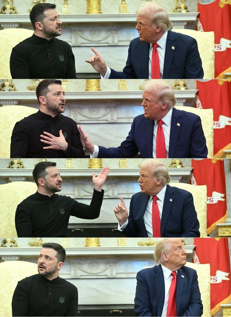 Several images of President Zelensky and President Donald Trump arguing.  