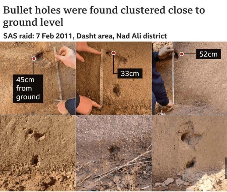 Images show bullet holes found clustered close to ground level at a building subject to a SAS raid on 7 Feb 2011