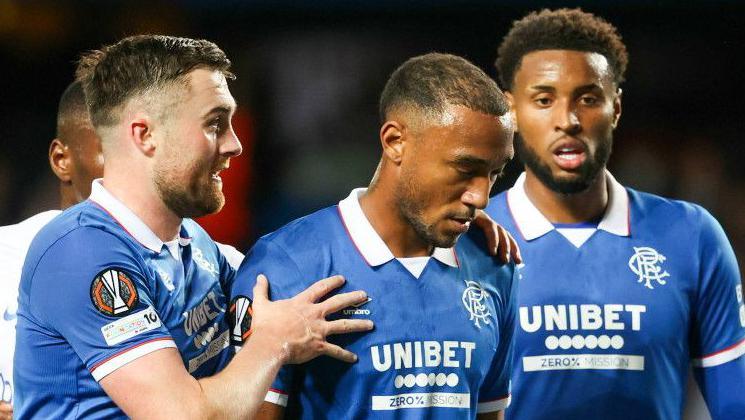 Rangers players John Souttar, Derek Cornelius and Youssef Chermiti
