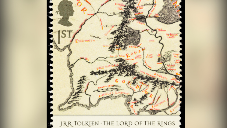 A 2004 UK postage stamp with a map of a portion of Middle-earth from the JRR Tolkien book, The Lord of the Rings.