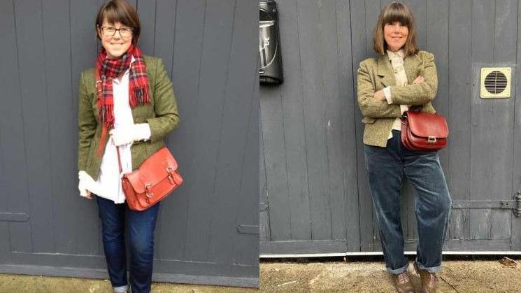 On the left is Caroline Jones in 2015. She has short brown hair. She wear a white blouse and an olive green jacket with blue jeans and holds a tan bag. She is wearing a red tartan scarf. On the right is Caroline Jones in 2025. She has brown shoulder-length hair and a fringe. She is wearing a cream blouse and tank top with an olive green jacket, blue trousers, a tan bag and brown lace up shoes. The background in both is the same grey garage doors.