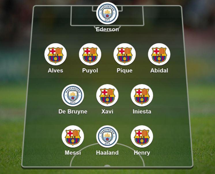 Barca 2008-09 and Man City 2022-23 combined XI: Ederson, Dani Alves, Carles Puyol, Gerard Pique, Eric Abidal, Kevin de Bruyne, Xavi, Andres Iniesta, Lionel Messi, Erling Haaland and Thierry Henry.