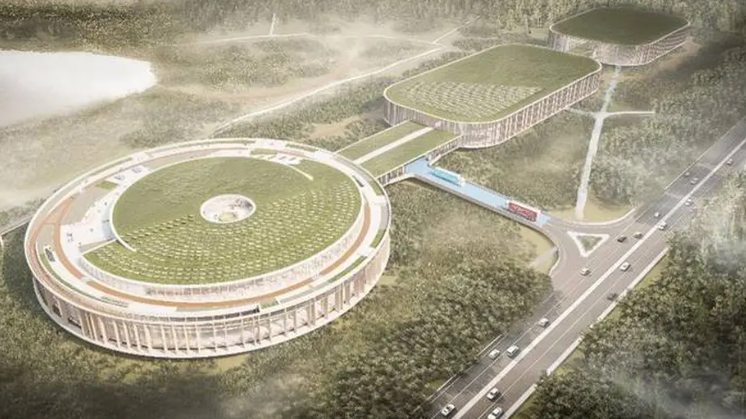 A CGI image of what the new Brompton factory in Ashford, Kent, could look like if completed. The facility has two buildings left and right of the entrance, both of which are grassy on the top.