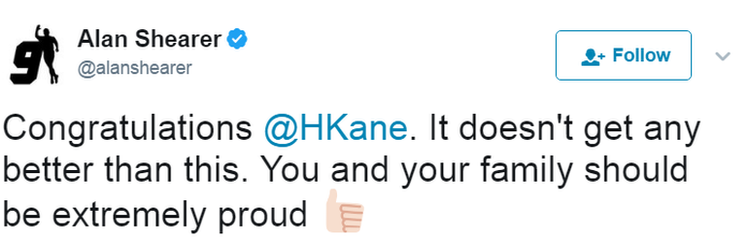 Former England captain Alan Shearer was quick to congratulate Kane