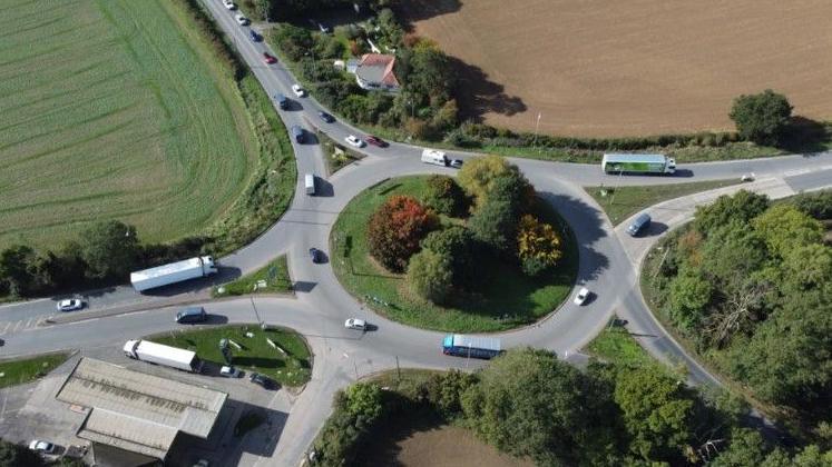 An aerial photograph showing a large roundabout