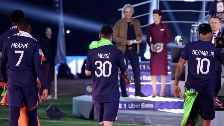 Kylian Mbappe, Lionel Messi and Neymar during PSG's Ligue 1 title celebrations in 2023