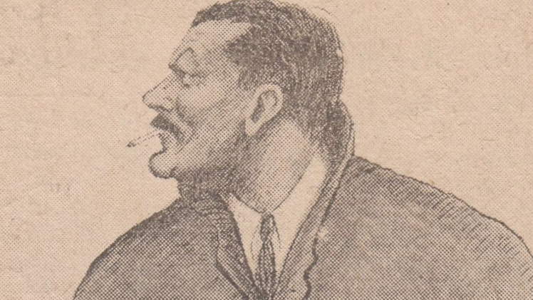 A pencil drawing of a handsome man with slicked back hair and thick moustache, smoking a cigarette and wearing a raincoat with turned up collar while looking to his right.