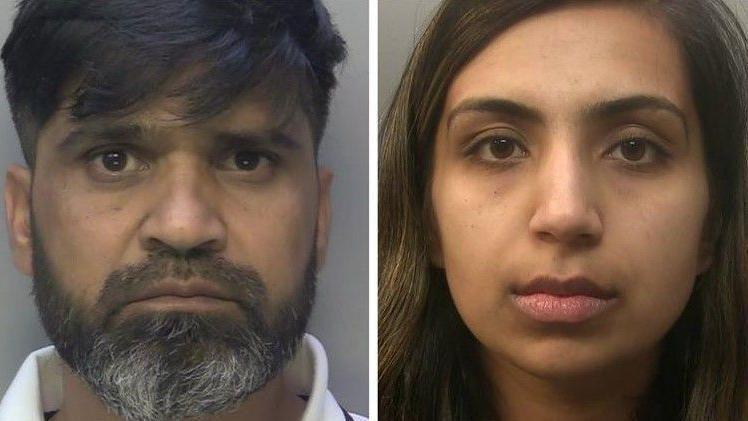 Police mugshots of Sara's father Urfan Sharif and stepmother Beinash Batool. They are both looking directly at the camera with blank expressions. 