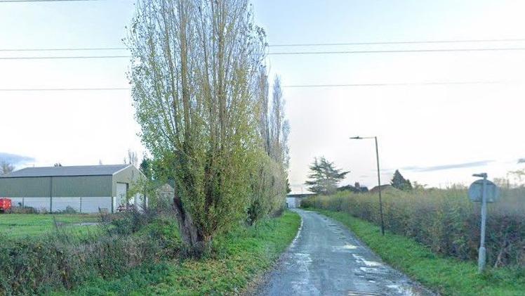 Google image of Newton Lane in Sprotbrough, Doncaster, a single-track road with trees on the left-hand side.