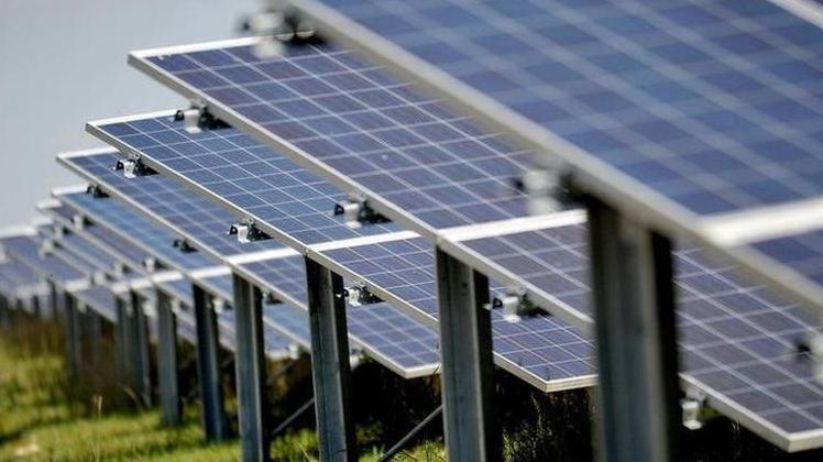 A stock image showing rows of solar panels in a grassy space.