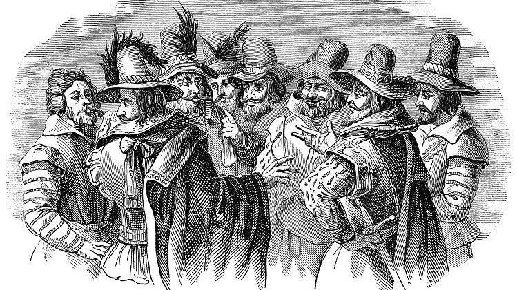 A line drawing showing eight of the conspirators in the Gunpowder Plot of 1605