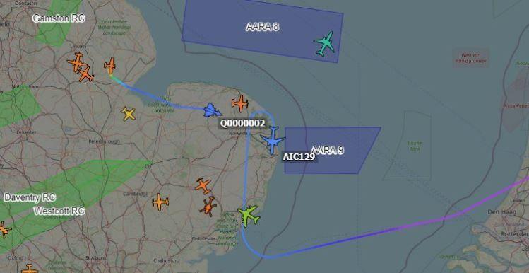 Screen grab of an aircraft tracking website showing the relative positions of flights over East Anglia at the time of the interception.