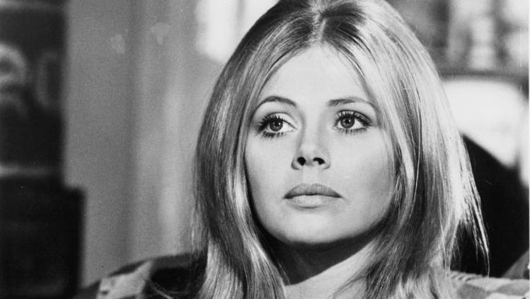 Actress Britt Ekland in a black and white image from the 1970s