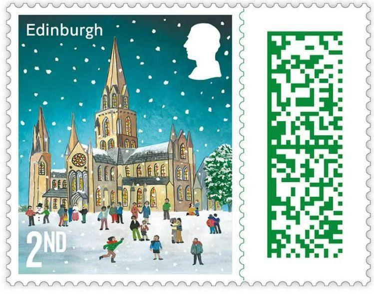 An illustrated version of St Mary's Episcopal Cathedral in Edinburgh on a 2nd class stamp. The stone church is lit up in the snow with children playing in front of it. The church has a number of spires 