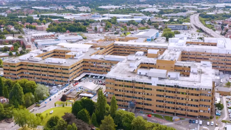 An aerial shot of a large hospital building