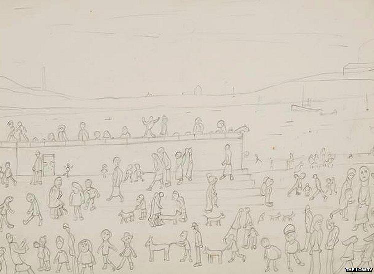 Group of Figures by the sea with dogs and steps by LS Lowry