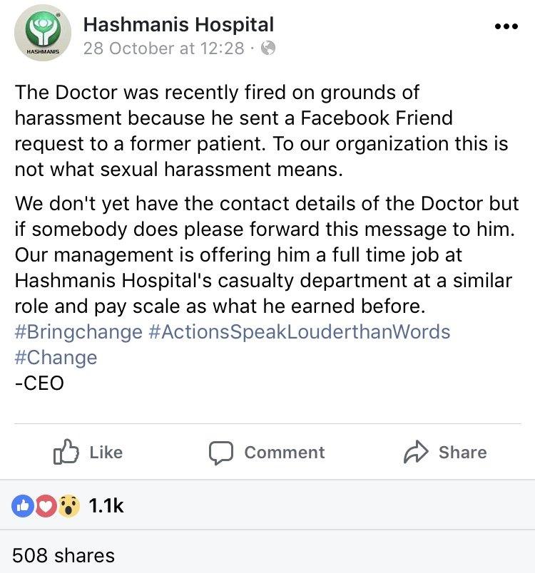 Facebook post from Hashmanis hospital offering the doctor a job