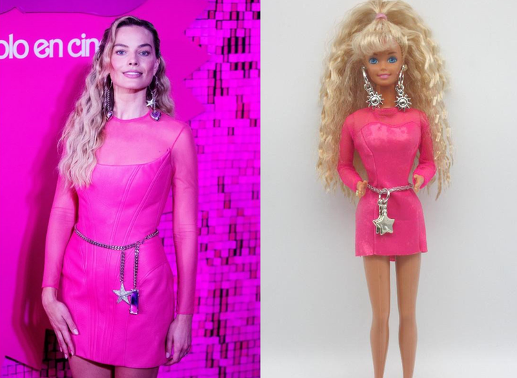 Margot dressed as Barbie, alongside the Barbie doll