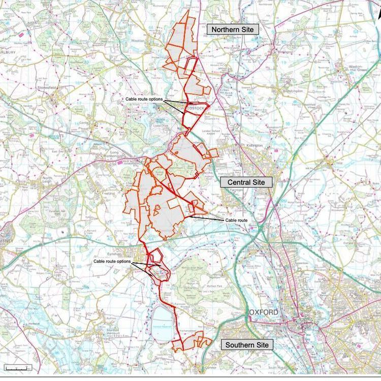 A large ordinance survey map of Oxfordshire, overlaid with red markings which mark out the size of the proposed solar farm. The markings stretch from the west of Oxford up to Kidlington. 