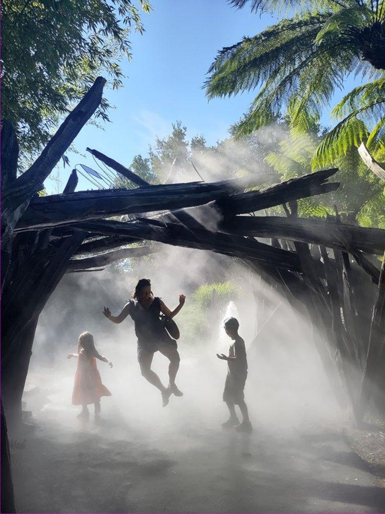 Family emerging from mist