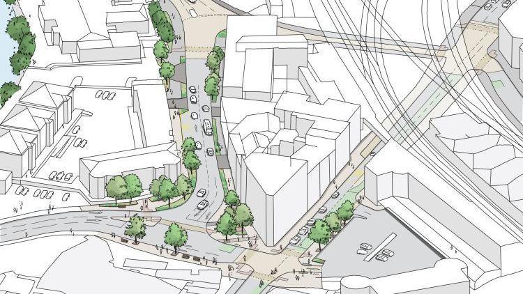 An aerial illustrated diagram of roads with cars in Shrewsbury