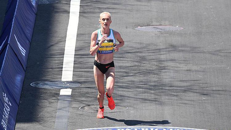 Calli Hauger-Thackery of Great Britain runs to the finish line of the 129th Boston Marathon on April 21, 2025.

