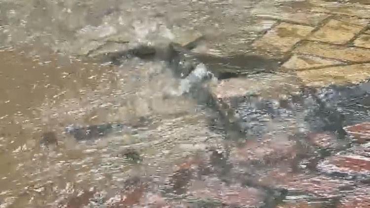 A close up of water seeping up through cracks in the paving in High Street, Grays