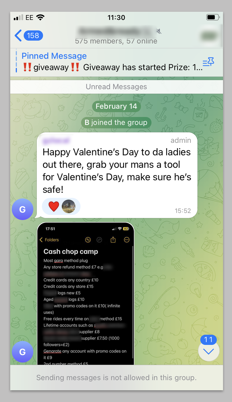 A screenshot from a Telegram group selling knives