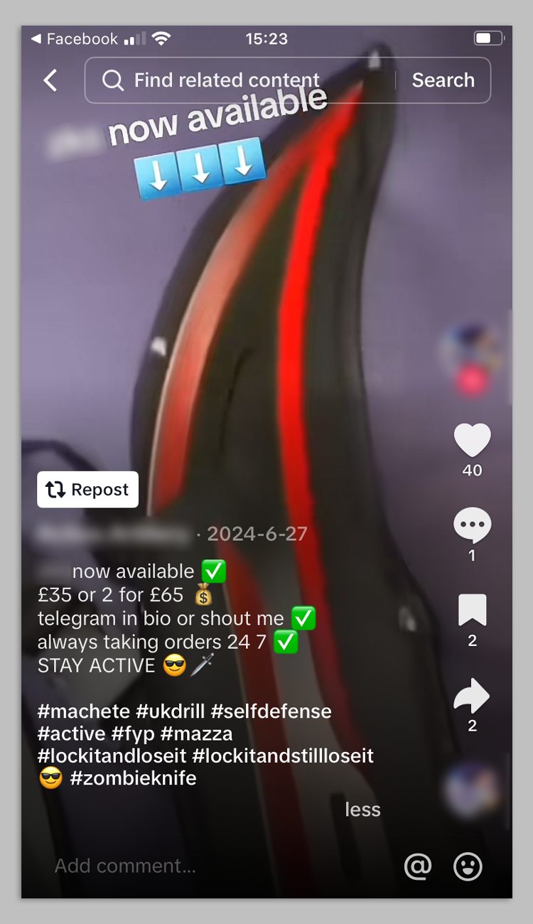 A screenshot from TikTok with a videos promoting knives costing £35