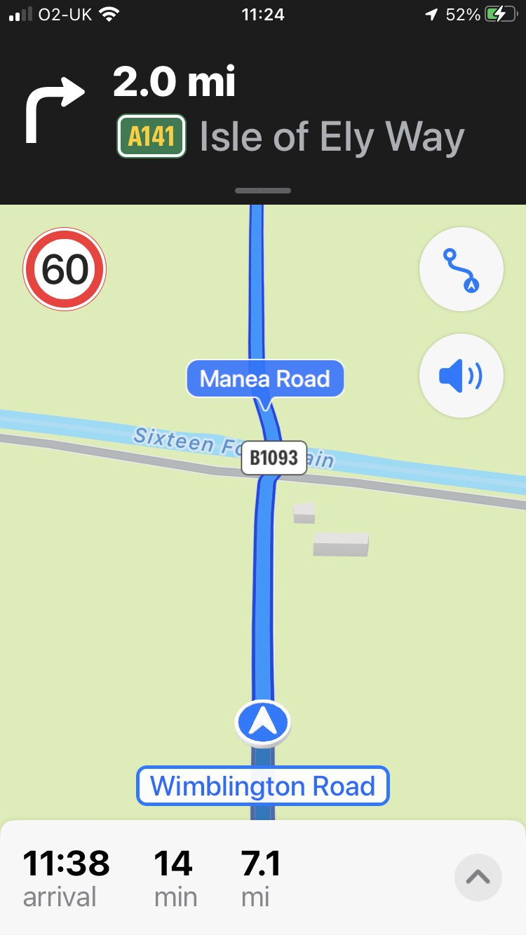 Screen shot of a sat-nav on the B1093 showing the B1093 Wimblington Road crossing the Sixteen Foot Drain where it becomes the Manea Road. A 60mph sign is in the top left hand corner of the picture